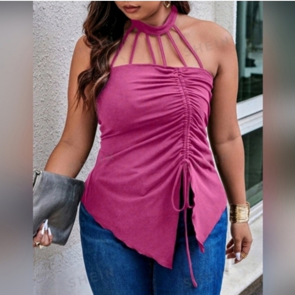 Women’s Strappy Ruched Halter Top - Magenta